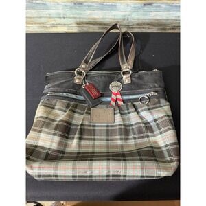 Coach Poppy Tartan Plaid Tote Bag Large Grey Green Silver Excellent 15886